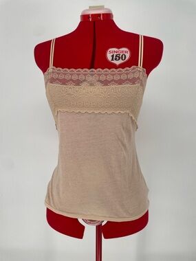 George Beige Nude Cotton Stretchy Fitted Cami Top Lace Trimmed Neckline